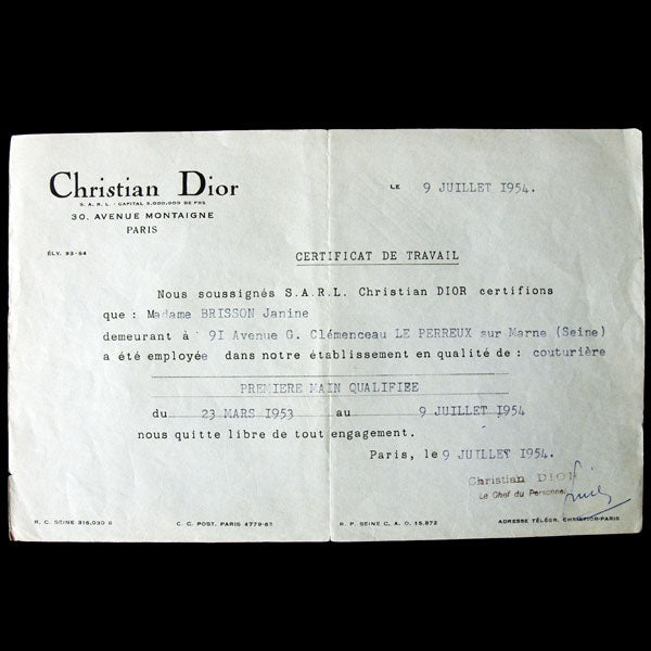 Certificat de travail de la maison Christian Dior (1954)
