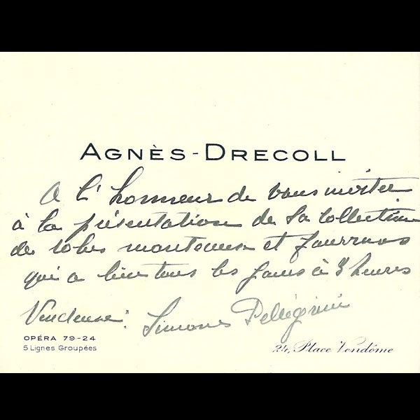 Carton d'invitation de la maison Agnès Drecoll, 24 place Vendôme à Paris (circa 1935)