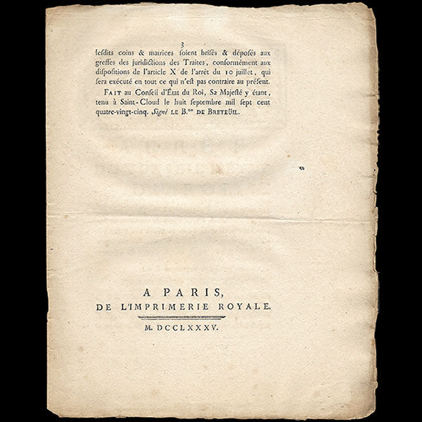 Arrêt du Conseil d'Etat sur les toiles de coton blanches et peintes provenant de l'étranger (1785)