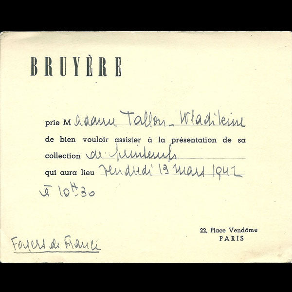 Carton d'invitation de la maison Bruyere, 22 place Vendôme à Paris (1942)