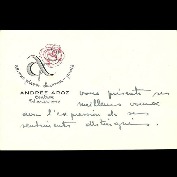 Carton d'invitation de la maison Andrée Aroz, 62 rue Pierre Charron à Paris (circa 1935)
