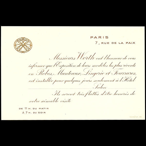 Worth - Invitation de la maison de couture, 7 rue de la Paix à Paris pour une présentation de modèles dans un hôtel (circa 1913)