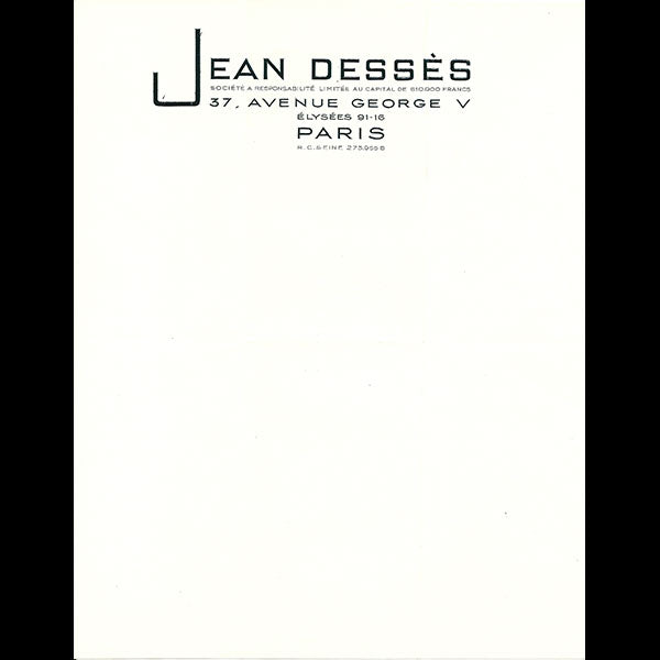 Jean Desses - Papier à en-tête de la maison de couture, 37 avenue George V à Paris (1941)