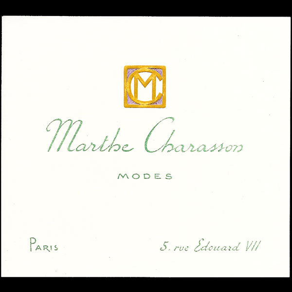 Marthe Charasson - Carte de la maison de couture, 5 rue Edouard VII à Paris (circa 1910-1920)