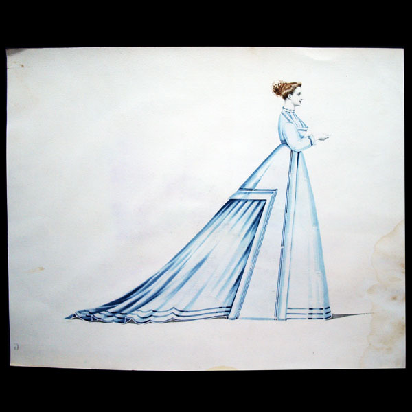 Projets de robes, ensemble de 7 dessins à l'aquarelle d'un dessinateur en costumes et robes (circa 1860-1870)