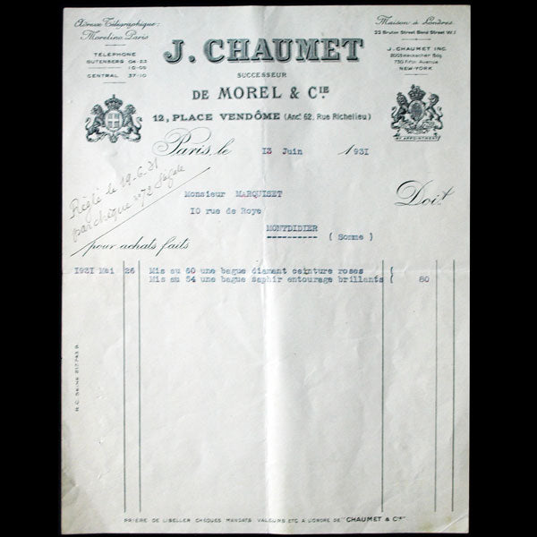 Facture de la maison Chaumet, successeur de Morel & Cie, 12 place Vendôme à Paris (1931)