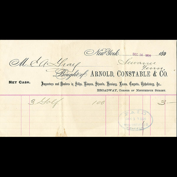 Arnold, Constable & Co - Facture, Broadway, corner of nineteenth Street à New York (1899)