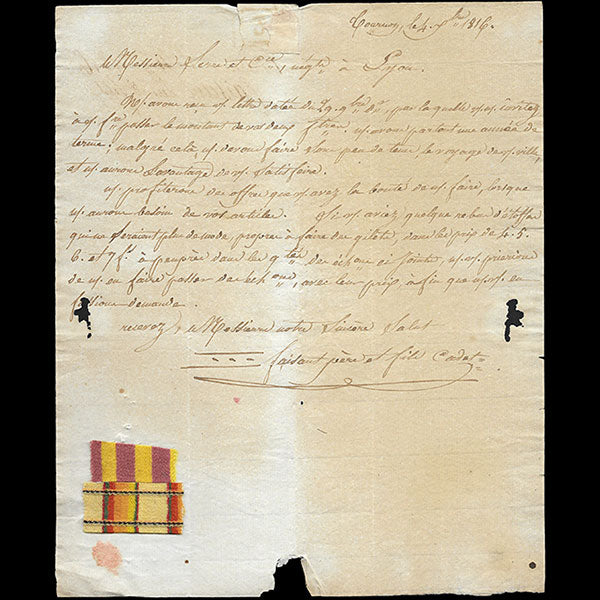 Serre et cie - Correspondance avec échantillons adressée au négociant en tissus par Faisant (1816)