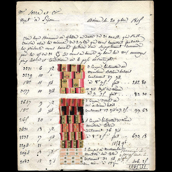 Serre et cie - Correspondance avec échantillons adressée au négociant en tissus par Parizet Fils (1815)