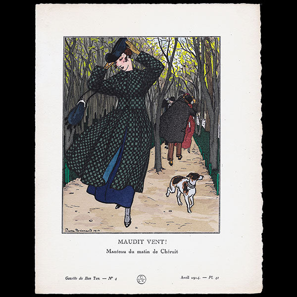 Gazette du Bon Ton - Maudit vent ! manteau du matin de Chéruit, planche de Pierre Brissaud (n°4, 1914)