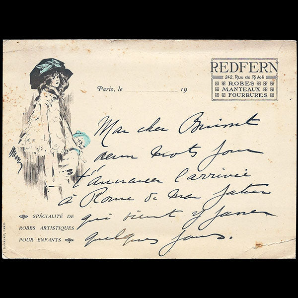 Redfern - Carte de la maison Redfern & sons, 242, rue de Rivoli à Paris, illustration par Drian (circa 1905)