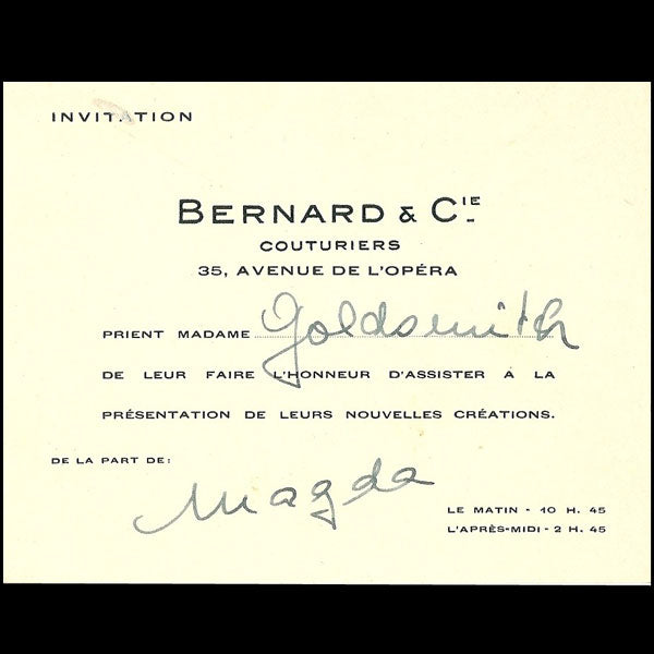 Carton d'invitation de la maison Bernard et cie, 35 avenue de l'Opéra à Paris (circa 1935)