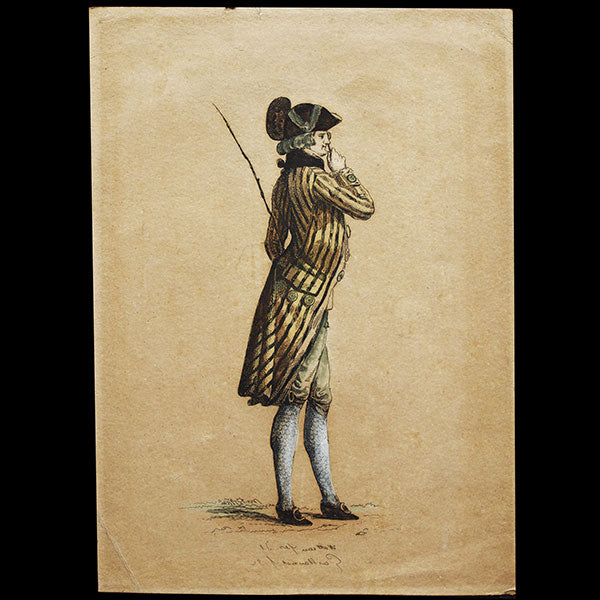 Gallerie des Modes et Costumes Français, 1778-1787, gravure n° ppp 366, le Lorgneur séduisant par Watteau, reproduction par Guillaumot (1875)