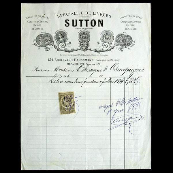 Facture de Sutton, spécialité de livrées, 134 boulevard Haussmann à Paris (1884)