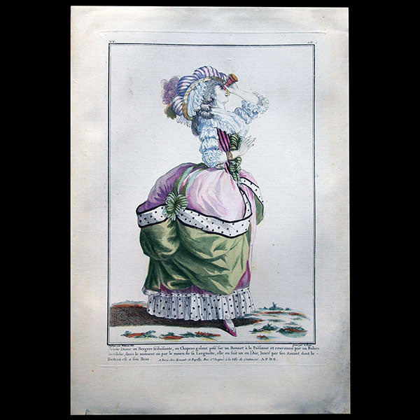 Gallerie des Modes et Costumes Français, 1778-1787, gravure n° vv 258, Jeune Dame en Bergère séduisante par Watteau (1784)