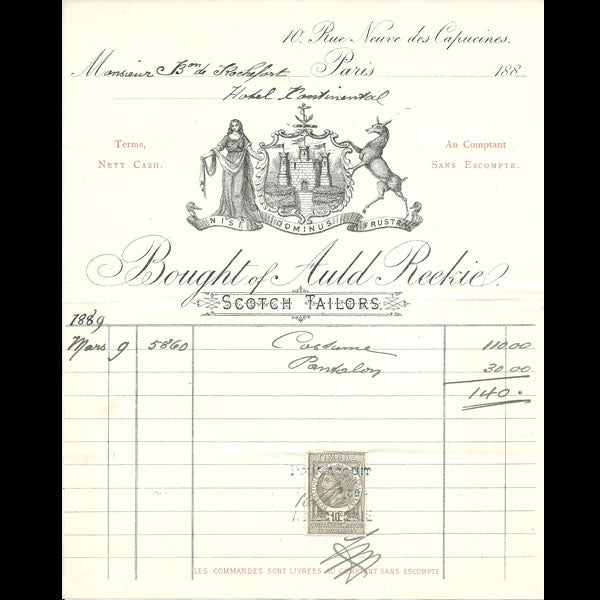 Facture du tailleur écossais Auld Reekie, 10 rue Neuve des Capucines à Paris (1889)