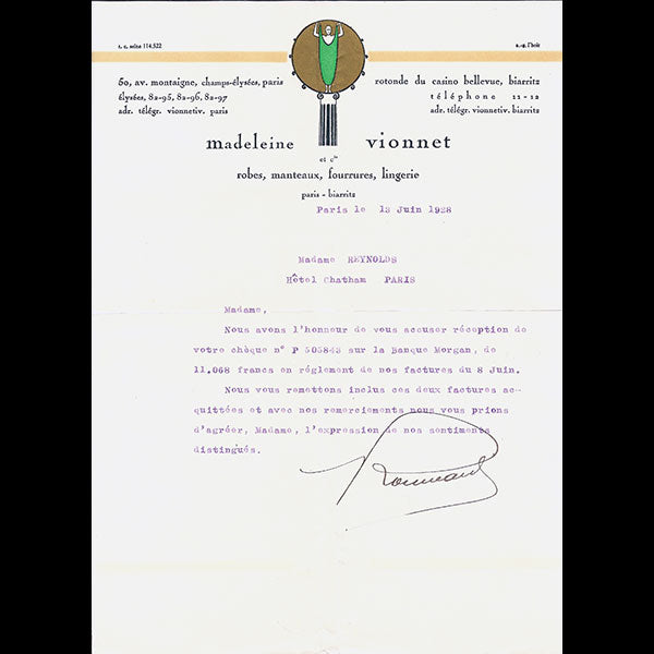 Vionnet - Lettre d'accusé de réception, 50 avenue Montaigne à Paris (13 juin 1928)