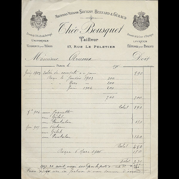 Théo Bousquet - Facture du tailleur, 17 rue Le Peletier à Paris (1907)