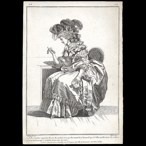 Gallerie des Modes et Costumes Français, 1778-1787, gravure n° zz 274, Belle inquiète par Watteau (1784)