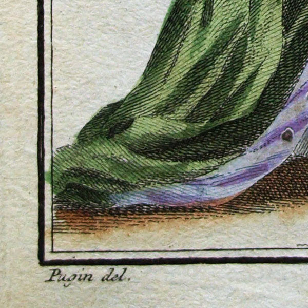 Cabinet des modes, planche I, 17ème cahier - Robe verte à parements violets (15 juillet 1786)