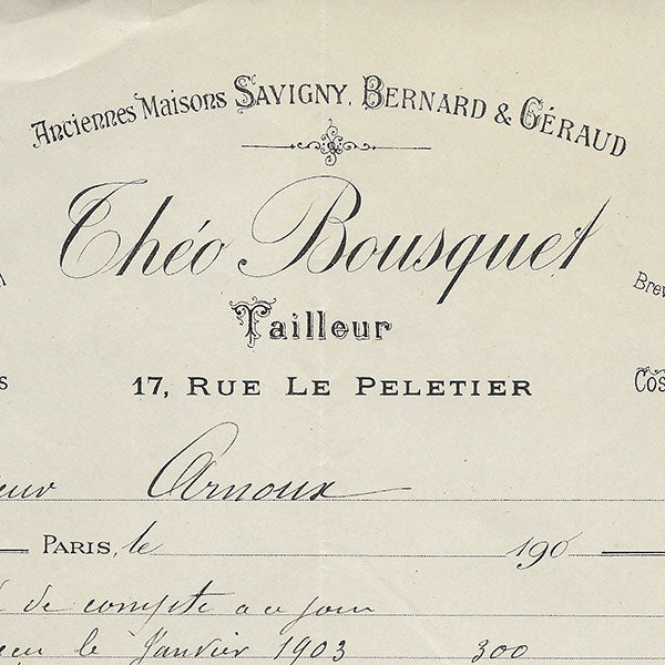 Théo Bousquet - Facture du tailleur, 17 rue Le Peletier à Paris (1907)