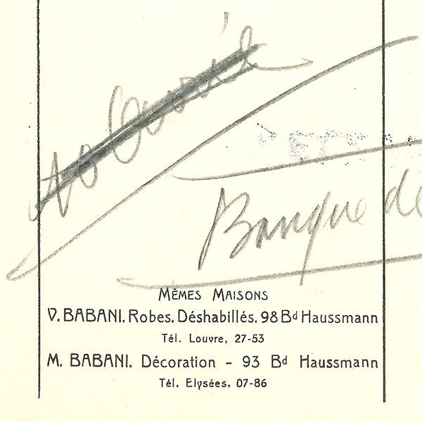 Babani - Facture de la maison Babani, 98 bis boulevard Haussmann à Paris (1920)