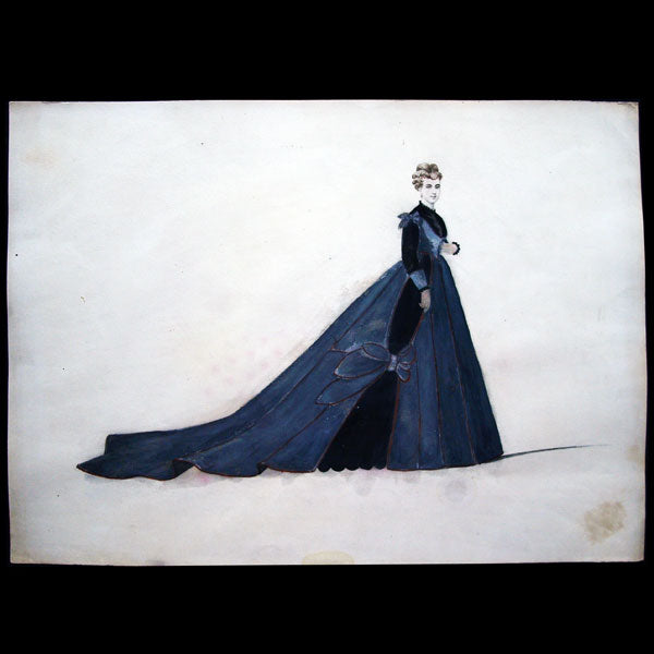 Projets de robes, ensemble de 3 dessins à l'aquarelle d'un dessinateur en costumes et robes (circa 1860-1870)