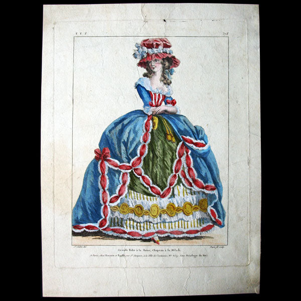 Gallerie des Modes et Costumes Français, 1778-1787, gravure n° rrr 378, Grande Robe à la Reine, Chapeau à la Miladi par Saint-Aubin (1787)