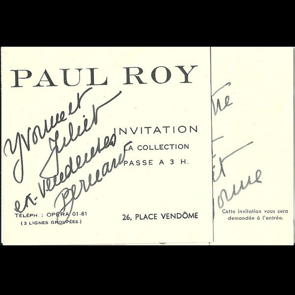 Carton d'invitation de la maison Paul Roy, 26 place Vendôme à Paris (circa 1937-1940)