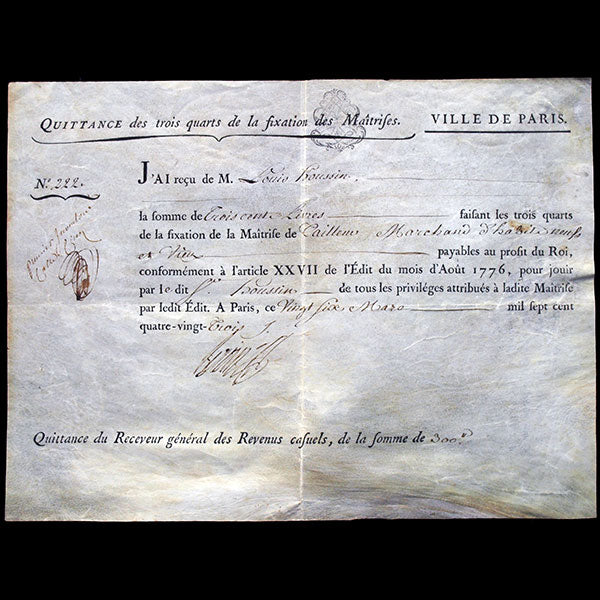 Quittance de la Ville de Paris pour la Maîtrise de Tailleur Marchand d'Habits neufs et vieux de Louis Houssin (1783)