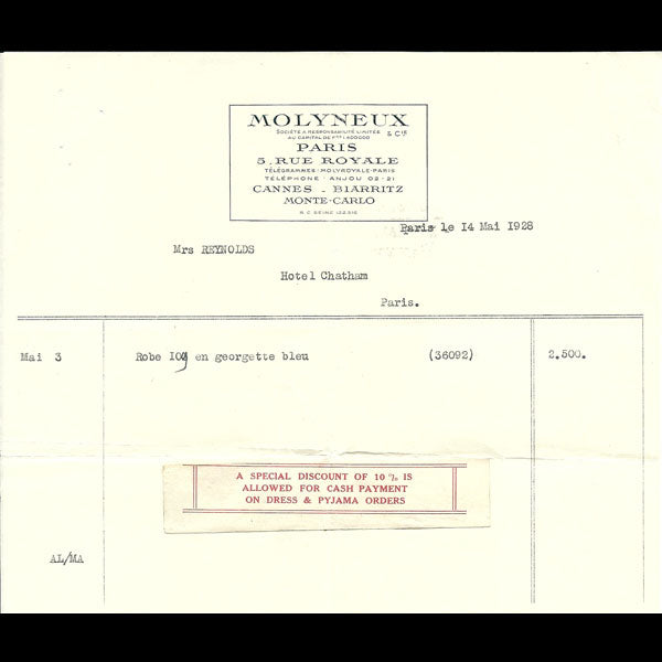 Facture de Molyneux (1928)