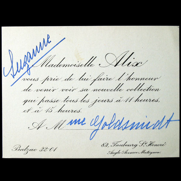 Carton d'invitation de la maison Alix (Madame Grès), circa 1935