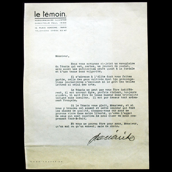 Paul Iribe - Lettre à l'en-tête du Témoin et bulletin d'abonnement (circa 1933)