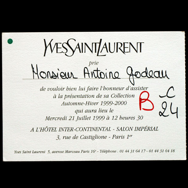 Carton d'invitation au défilé Yves Saint-Laurent du 21 juillet 1999, collection Automne-Hiver 1999-2000