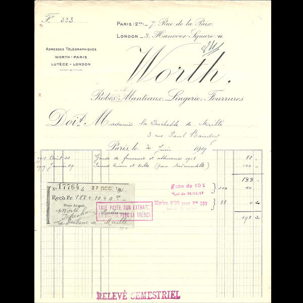 Facture de la maison Worth, 7 rue de la Paix, Paris (1919)