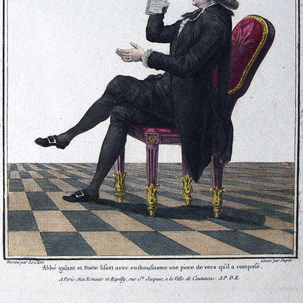 Gallerie des Modes et Costumes Français, 1778-1787, gravure n° M 70, Abbé galant et poète lisant (1778)