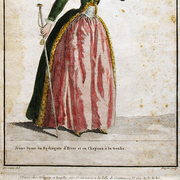Gallerie des Modes et Costumes Français, 1778-1787, gravure n° uuu 393, Jeune Dame en Redingote d'Hiver et en Chapeau à la Genlis (1787)