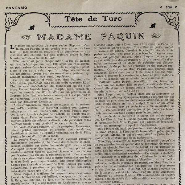 Fantasio, 1er mars 1913, Jeanne Paquin, princesse de la couture
