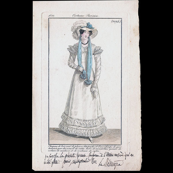Costume Parisien, Journal des dames et des modes, planche 2094 annotée par la Mésangère (24 septembre 1822)