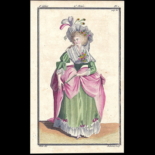 Magasin des Modes Nouvelles Françaises et Anglaises, planche 1, 4ème cahier - Anglaise en robe de cour (20 décembre 1786)