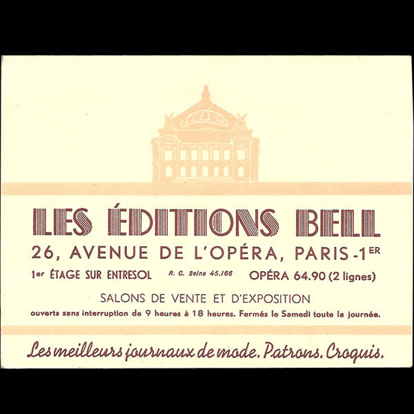Carte des Editions Bell, 26 avenue de l'Opéra à Paris (circa 1930)