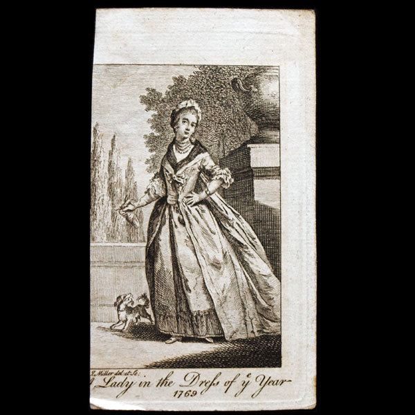 A Lady in the newest dress of 1769, gravure du Ladies Own Memorandum Book (1769)
