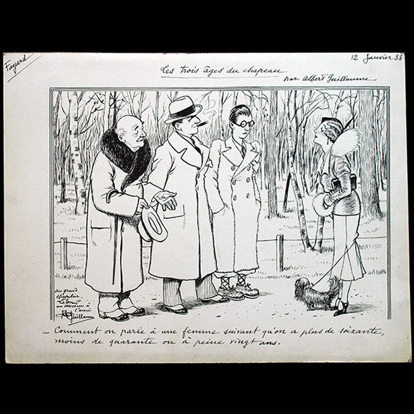 Albert Guillaume - Les trois âges du chapeau, dessin avec envoi au chapelier Léon (1933)
