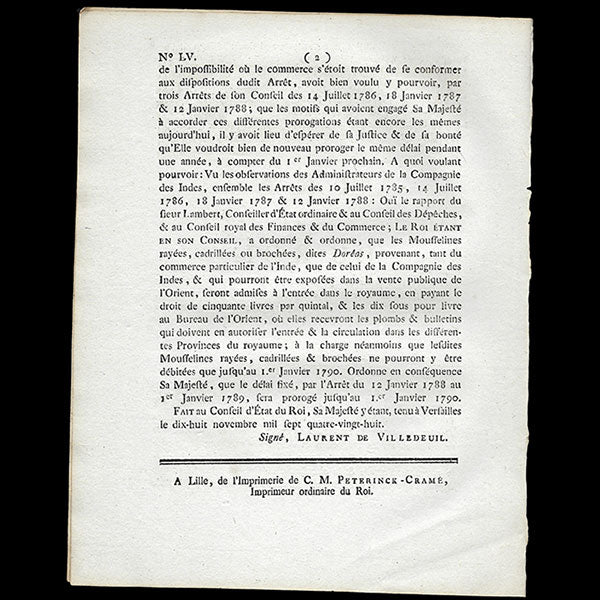 Arrêt du Conseil d'Etat du Roi sur les mousselines rayées, cadrillées et brochées venant du commerce français dans l'Inde (1788)