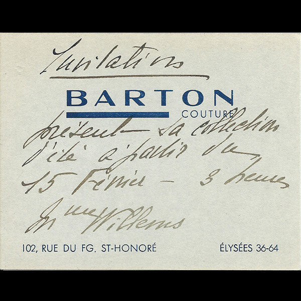 Carton d'invitation de la maison Barton, 102 faubourg Saint Honoré à Paris (circa 1935)
