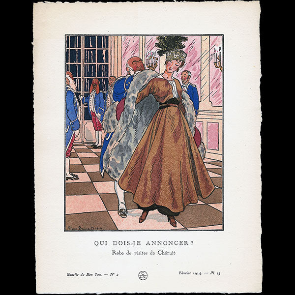Gazette du Bon Ton - Qui dois-je annoncer ? robe de visites de Chéruit, planche de Pierre Brissaud (n°2, 1914)