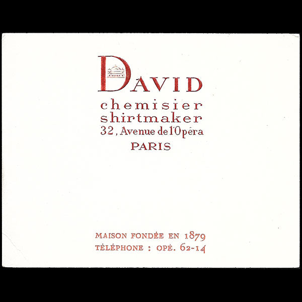 David - Carte du chemisier - shirtmaker, 32 avenue de l'Opéra à Paris (circa 1920)