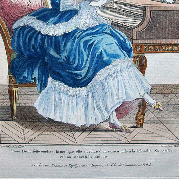 Gallerie des Modes et Costumes Français, 1778-1787, gravure n° jj 194, Jeune Demoiselle étudiant la musique (1780)