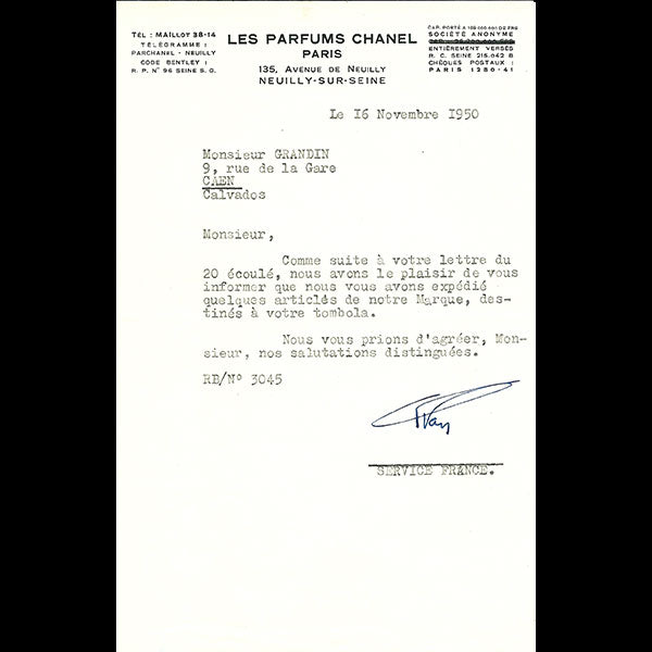 Lettre des Parfums Chanel, avenue de Neuilly, Neuilly-sur-Seine (1950)