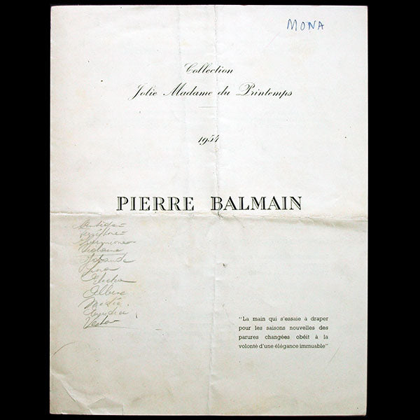 Balmain, programme de défilé, Collection Jolie Madame du Printemps 1954